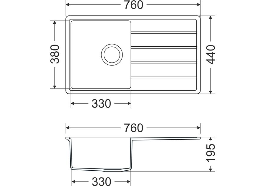 Zlewozmywak granitowy Metro 1-komorowy grafitowy 76x44x19,5 cm syfon manualny, bateria U MILÓ