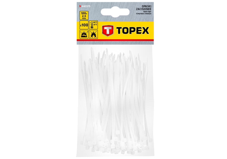 Opaski zaciskowe 2.5 x 100 mm, 100 szt., białe TOPEX