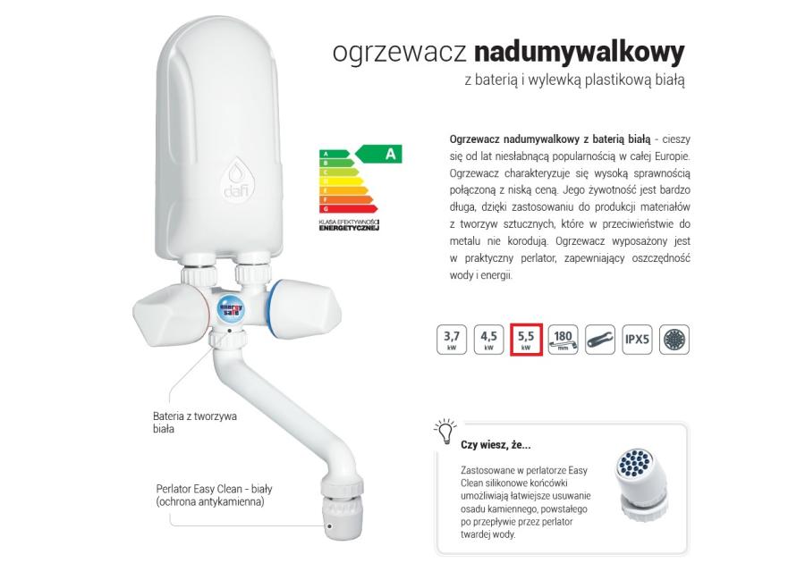 Ogrzewacz wody 5,5 kW z baterią białą 230 V DAFI