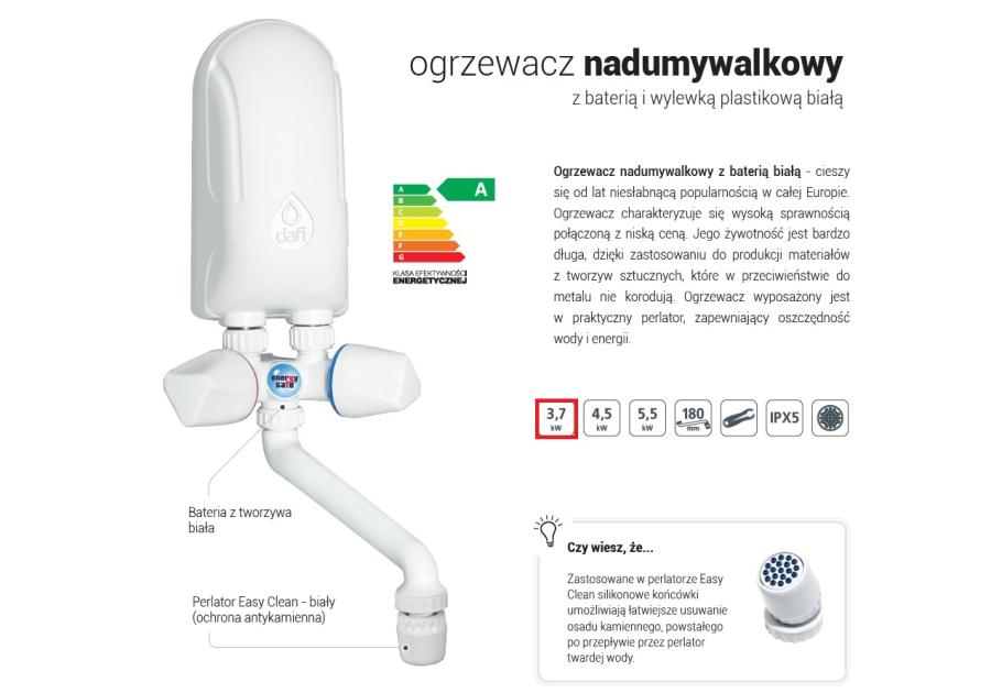 Ogrzewacz wody 3,7 kW z baterią białą 230 V DAFI