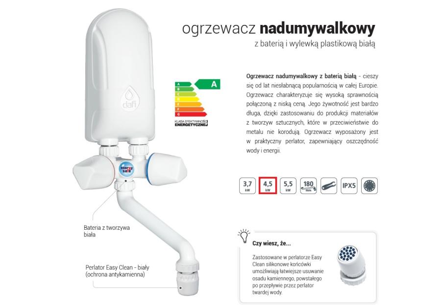 Ogrzewacz wody 4,5 kW z baterią białą 230 V DAFI