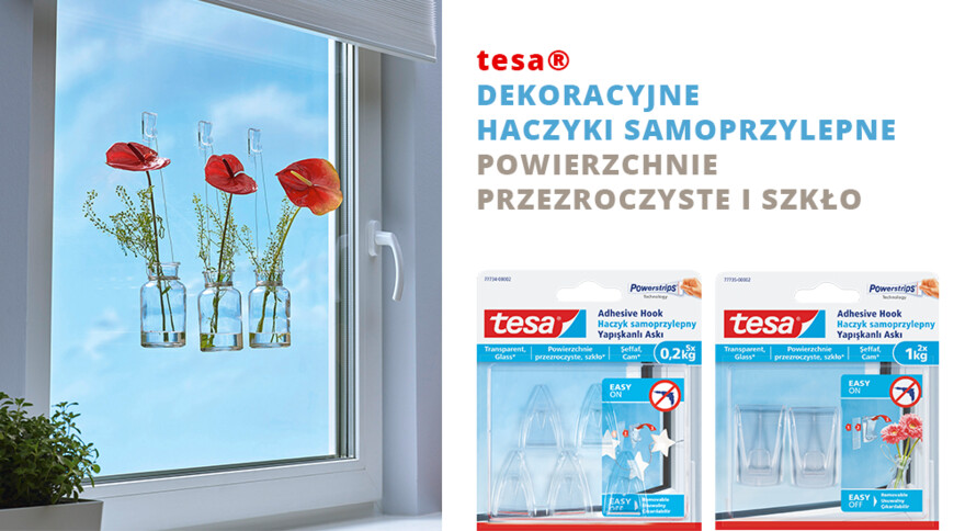 tesa® Dekoracyjne haczyki samoprzylepne, powierzchnie przezroczyste i szkło