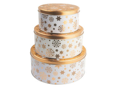 Zdjęcie: Puszki okrągłe komplet 3 sztuki dekorowana złote snieżynki ALTOMDESIGN