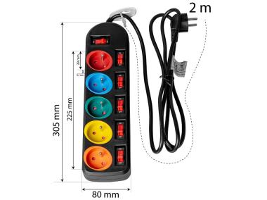 Zdjęcie: Przedłużacz 2M 5GN+0 10A czarny, kolorowe gniazda VA0259 VAYOX