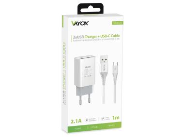 Zdjęcie: Ładowarka sieciowa 2x USB 5V 2.1A + kabel usb typ C 1m VA0052C VAYOX