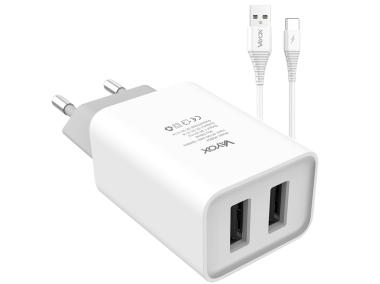 Zdjęcie: Ładowarka sieciowa 2x USB 5V 2.1A + kabel usb typ C 1m VA0052C VAYOX