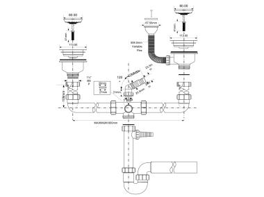 Zdjęcie: Syfon zlewozmywakowy rurowy podwójny 3 5 x50 mm z podłączeniem pralki lub zmywarki przelew MCALPINE