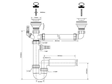 Zdjęcie: Syfon zlewozmywakowy rurowy podwójny 1.1/2 x50 mm z podłączeniem pralki i zmywarki MCALPINE