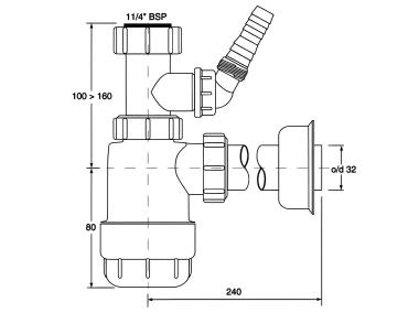 Zdjęcie: Syfon umywalkowy butelkowy niski 1.1/4x32 mm z podłączeniem pralki lub zmywarki bez spustu MCALPINE