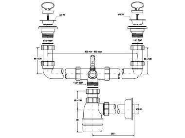 Zdjęcie: Syfon zlewozmywakowy butelkowy podwójny 1.1/2 x40 mm z podłączeniem pralki lub zmywarki MCALPINE