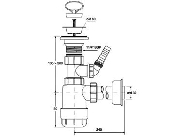 Zdjęcie: Syfon umywalkowy butelkowy niski 1.1/4x32 mm z podłączeniem pralki lub zmywarki MCALPINE