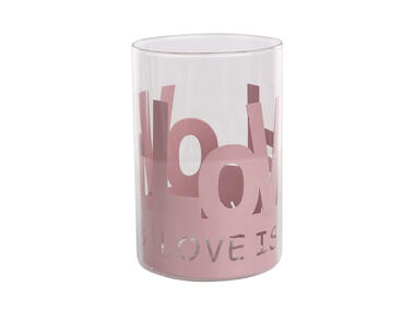 Zdjęcie: Świecznik szklany w różowej metalowej osłonce 10x10x15 cm -Love ALTOMDESIGN