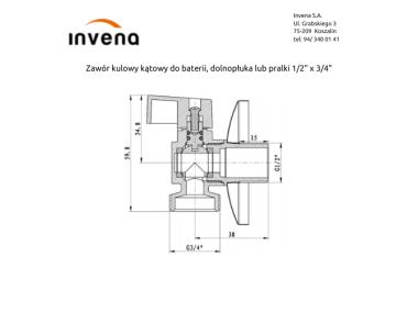 Zdjęcie: Zawór kulowy kątowy do baterii, dolnopłuka lub pralki 1/2x3/4 INVENA