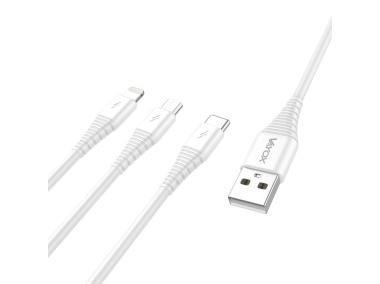 Zdjęcie: Kabel USB 3w1 micro USB, USB-C, lightning 1 m biały VA0122 VAYOX