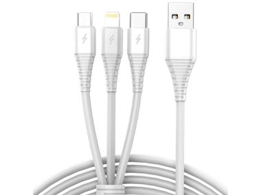 Zdjęcie: Kabel USB 3w1 micro USB, USB-C, lightning 1 m biały VA0122 VAYOX