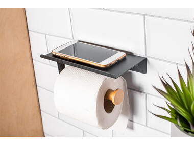 Zdjęcie: Wieszak metalowy na papier toaletowy z podstawką pod komórkę 18x10x7,5 cm czarny ALTOMDESIGN