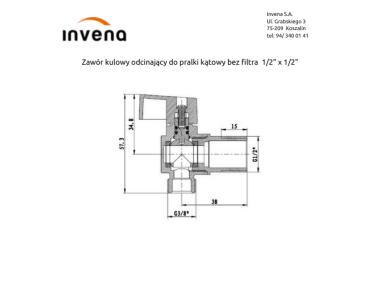 Zdjęcie: Zawór kulowy kątowy do baterii, dolnopłuka lub pralki 1/2x3/8 INVENA