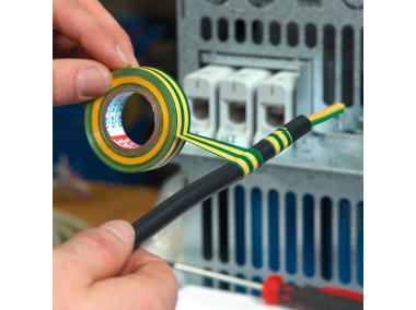 Zdjęcie: Taśma izolacyjna PVC, do zastosowań elektrycznych, 20 m-19 mm, zielono-żółta TESA