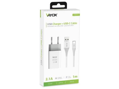 Zdjęcie: Ładowarka sieciowa USB 5V 2.1A + kabel USB typ C 1 m VA0051C VAYOX