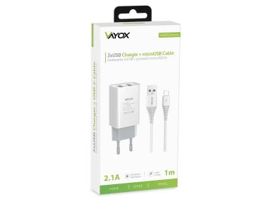 Zdjęcie: Ładowarka sieciowa 2x USB 5V 2.1A + kabel micro usb 1m VA0052 micro VAYOX