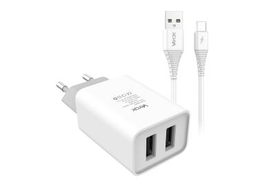 Zdjęcie: Ładowarka sieciowa 2x USB 5V 2.1A + kabel micro usb 1m VA0052 micro VAYOX