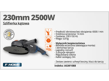 Zdjęcie: Szlifierka kątowa 230 mm - 2500 W FERM