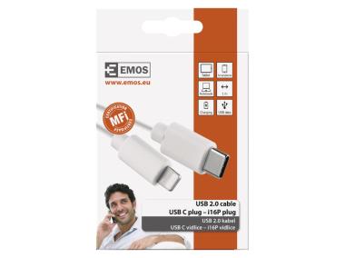 Zdjęcie: Kabel Usb 2.0, wtyk C - Lightning MFi, i16P, ładowanie, transmisja danych, 1 m, biały EMOS