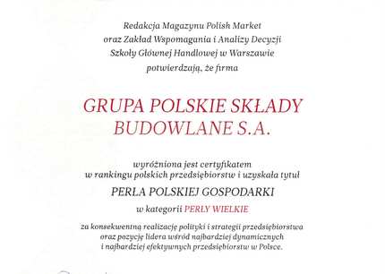 Certyfikat Perła Polskiej Gospodarki dla Grupy PSB